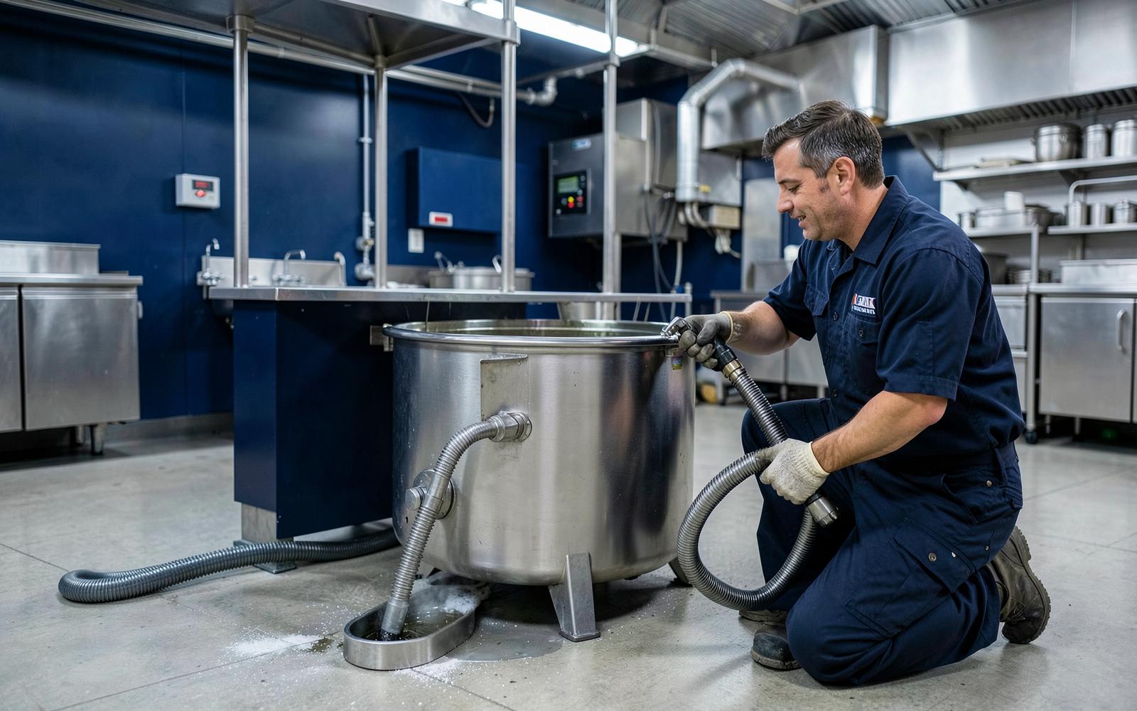 Technician servicing a commercial kitchen grease trap